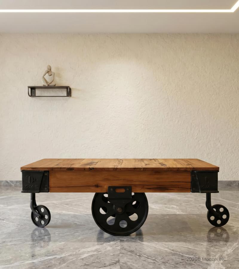 SOLID WOOD & IRON ROLLING CART COFFEE TABLE