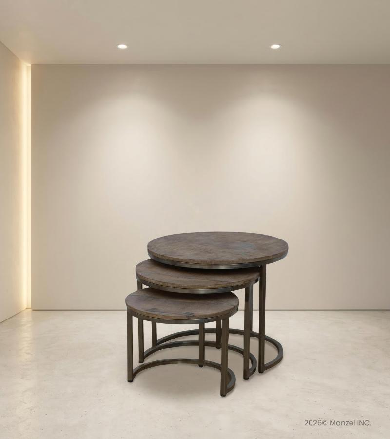 SET OF 3 NESTING SOLID WOOD & IRON TABLES