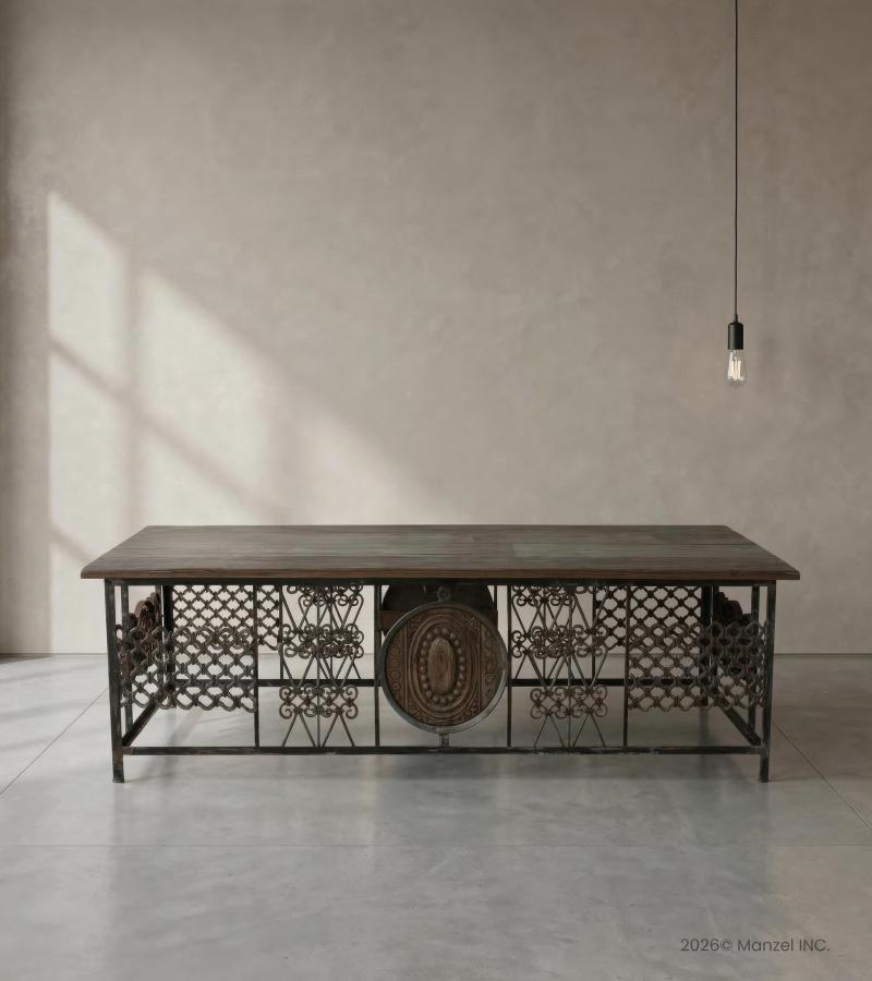 REPURPOSED IRON & SOLID WOOD COFFEE TABLE