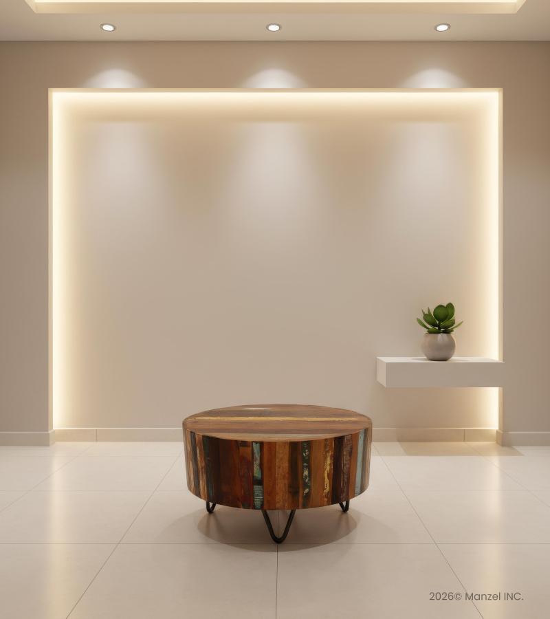 SOLID RECLAIMED TEAK WOOD & IRON ROUND COFFEE TABLE