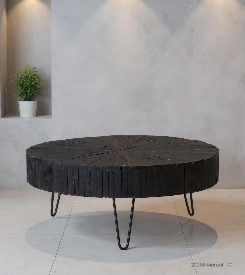 ROUND WOOD COFFEE TABLE W/ IRON LEGS
