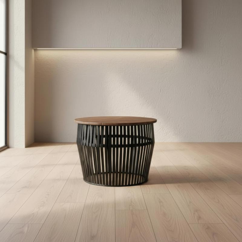 SOLID WOOD & IRON ROUND COFFEE TABLE