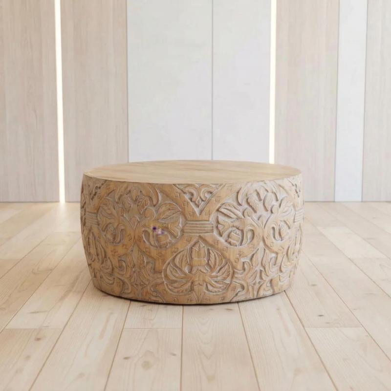 HAND CARVED SOLID WOOD ROUND COFFEE TABLE