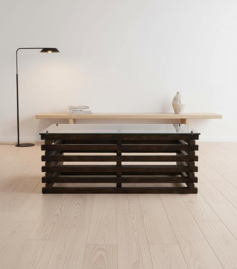 SOLID WOOD COFFEE TABLE W/ GLASS TOP