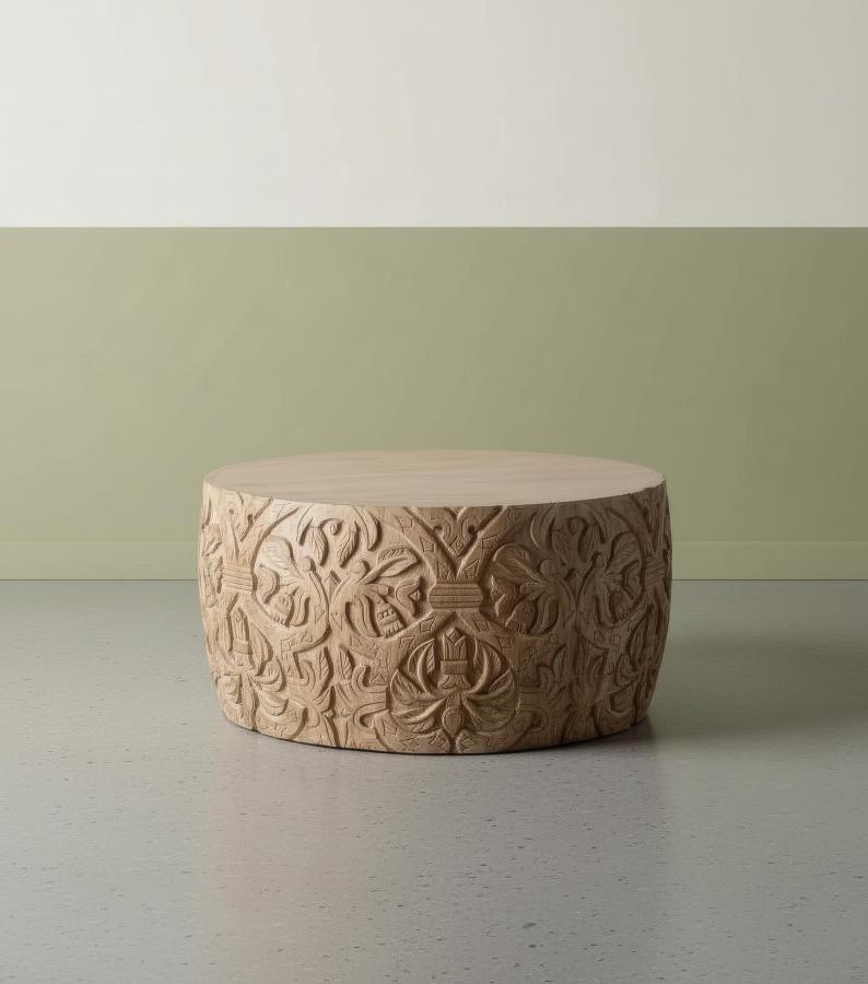 HAND CARVED SOLID WOOD ROUND COFFEE TABLE
