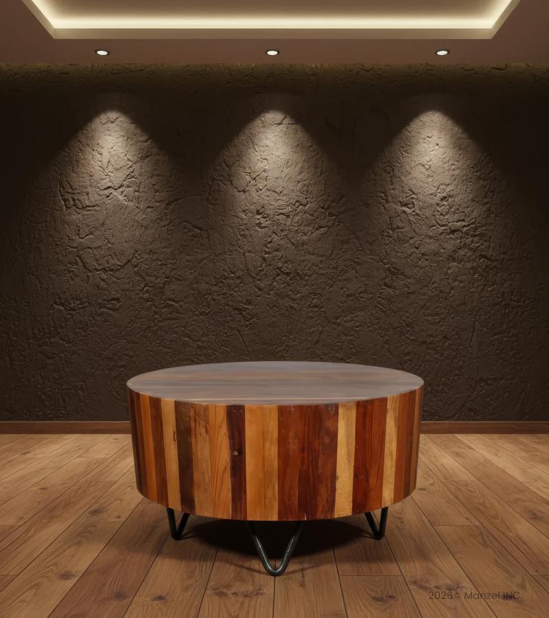 SOLID RECLAIMED TEAK WOOD & IRON ROUND COFFEE TABLE