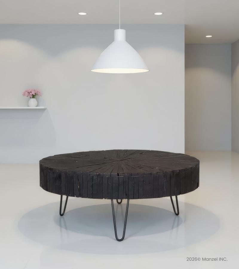ROUND WOOD COFFEE TABLE W/ IRON LEGS