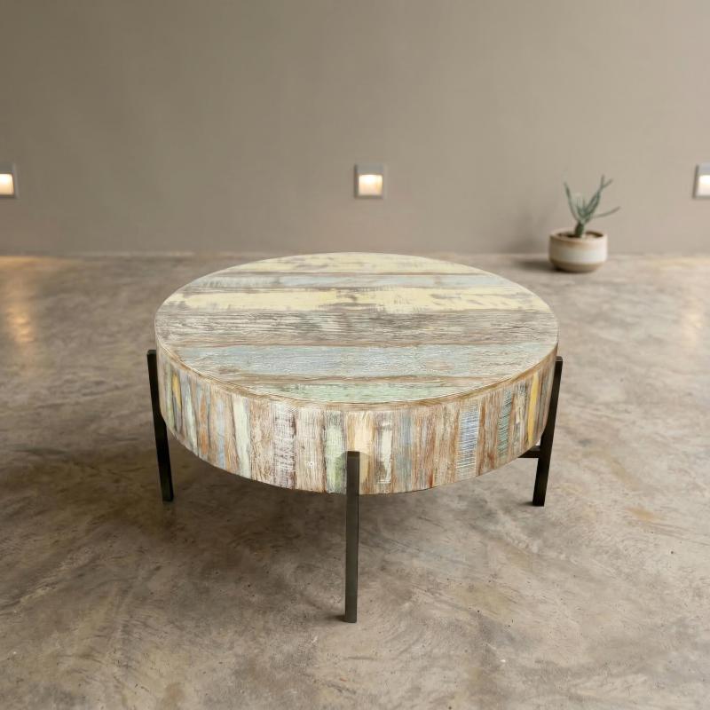 SOLID RECLAIMED TEAK WOOD COFFEE TABLE W/ METAL BASE