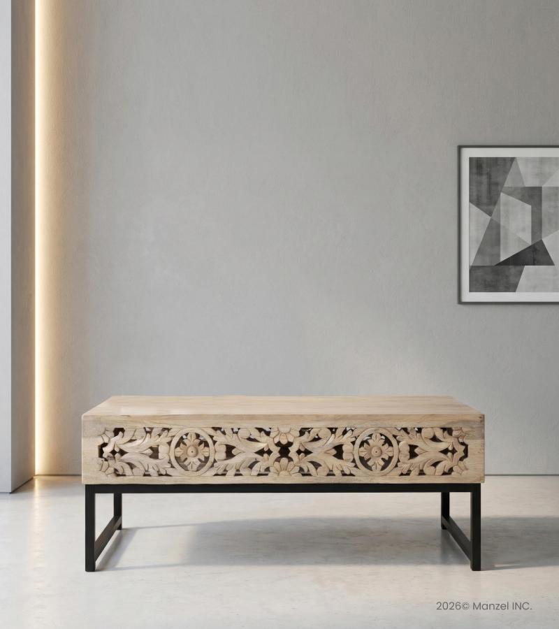 HAND CARVED WOOD & IRON COFFEE TABLE