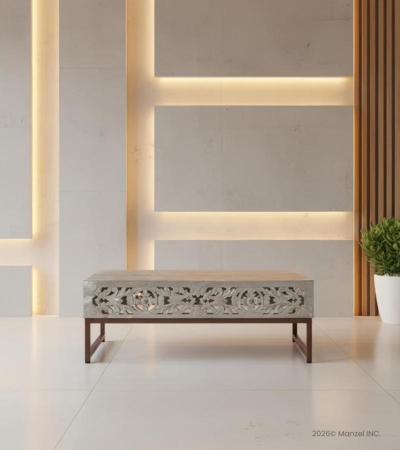 HAND CARVED WOOD & METAL COFFEE TABLE