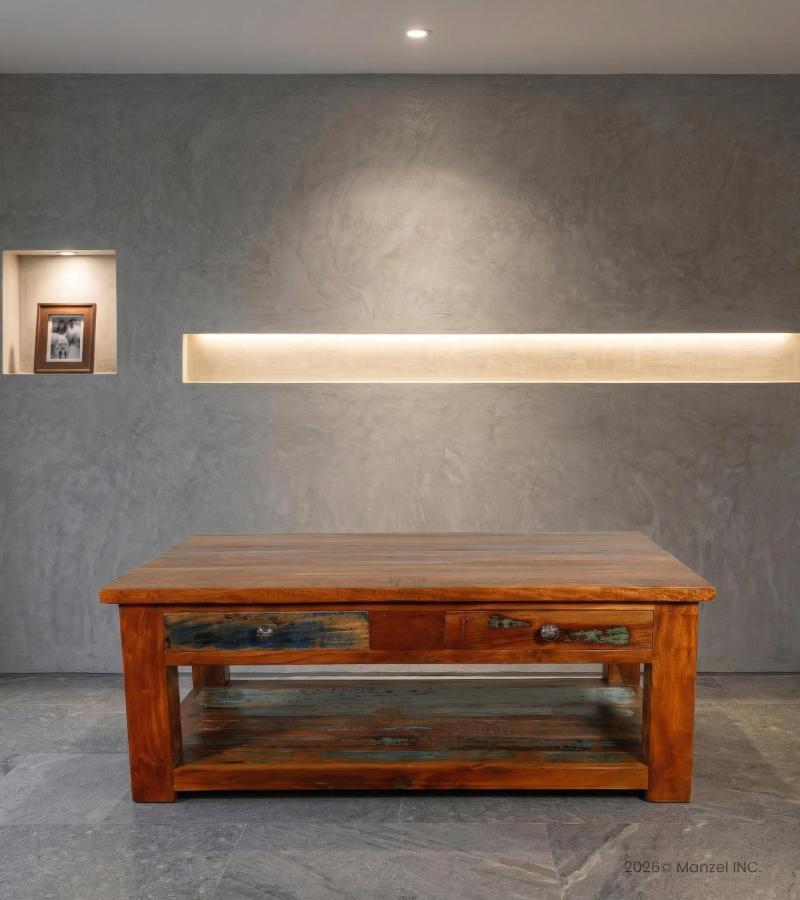 SOLID RECLAIMED TEAK WOOD 2 DRAWER COFFEE TABLE W/ SHELF