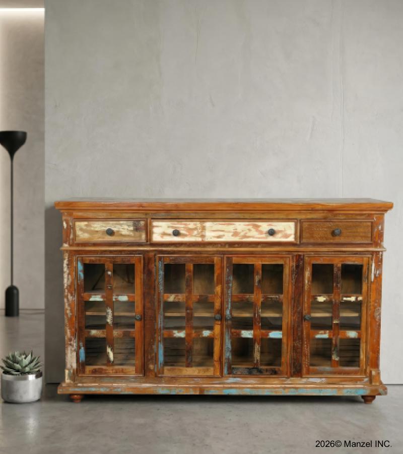 SOLID RECLAIMED TEAK WOOD SIDEBOARD CABINET W/ 3 DRAWERS & 4 DOORS