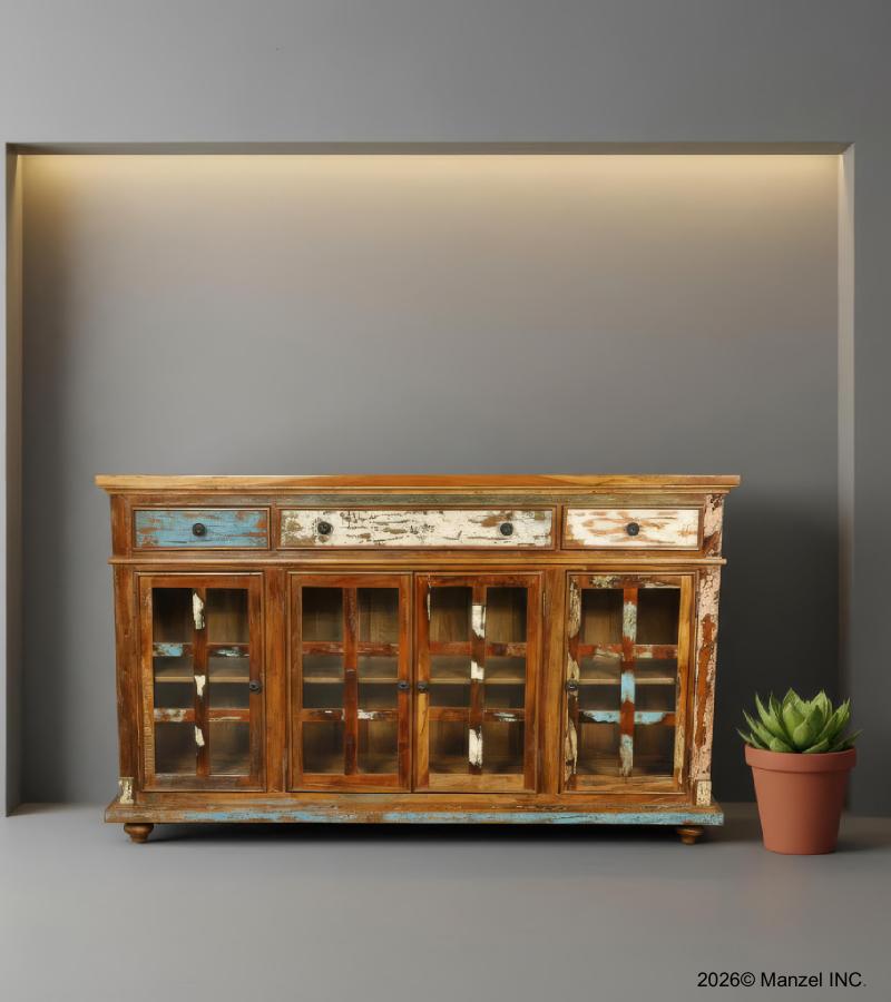 SOLID RECLAIMED TEAK WOOD & GLASS SIDEBOARD CABINET W/ 3 DRAWERS & 4 DOORS