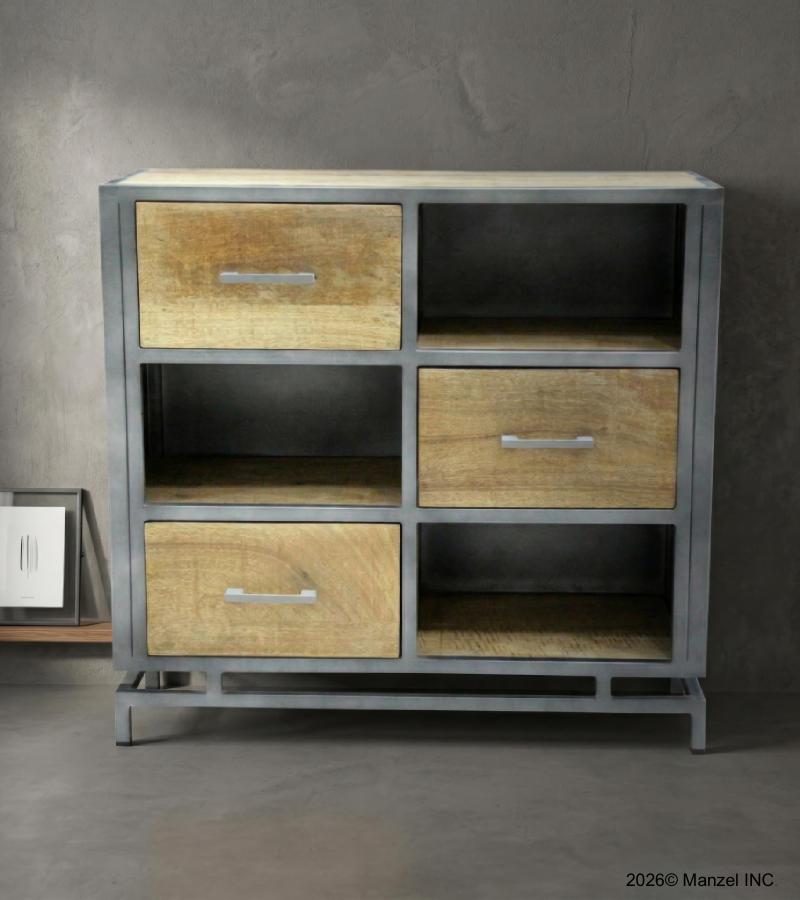 SOLID WOOD & IRON CABINET W/ 3 DRAWERS