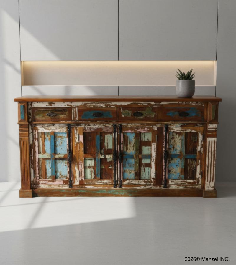 SOLID RECLAIMED TEAK WOOD SIDEBOARD W/ 4 DRAWERS & 4 DOORS