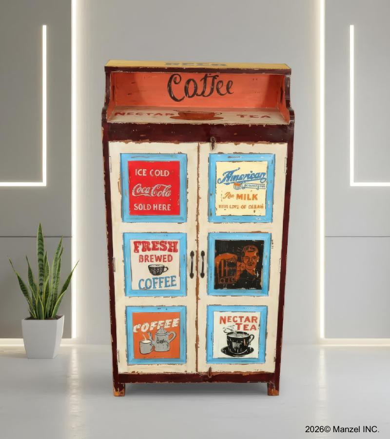 SOLID WOOD HAND PAINTED ADVERTISING 2 DOOR STORAGE CABINET