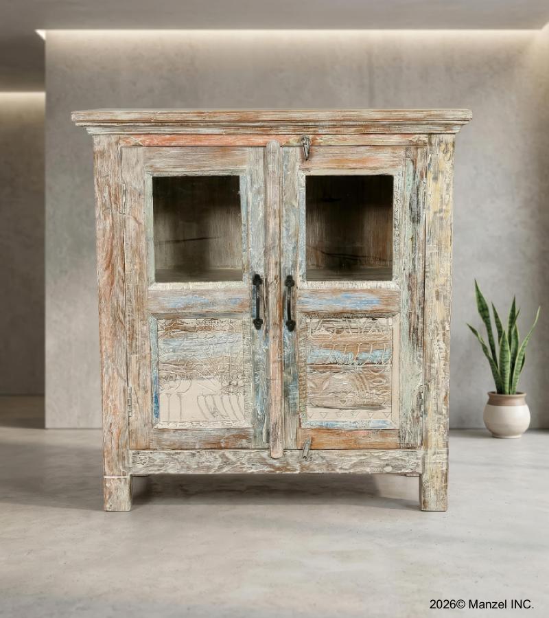 RECLAIMED TEAK CARVED WOOD & GLASS CABINET