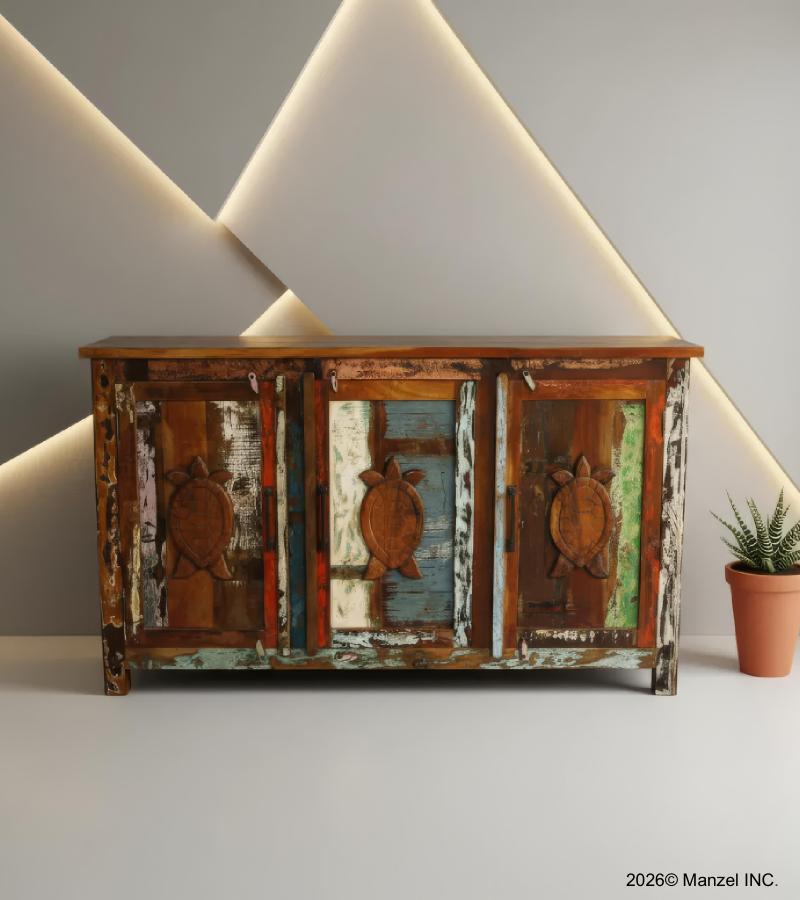 SOLID RECLAIMED TEAK WOOD SIDEBOARD W/ CARVED TURTLES