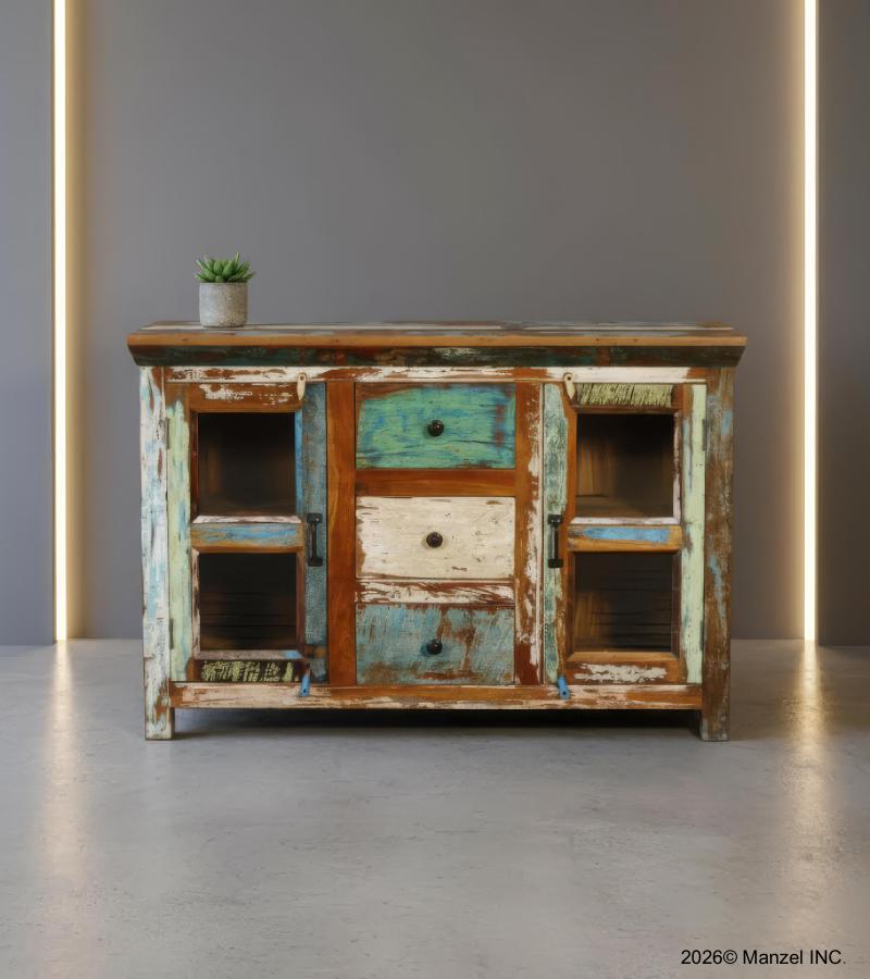 SOLID RECLAIMED TEAK WOOD & GLASS 3 DRAWER & 2 DOOR CABINET