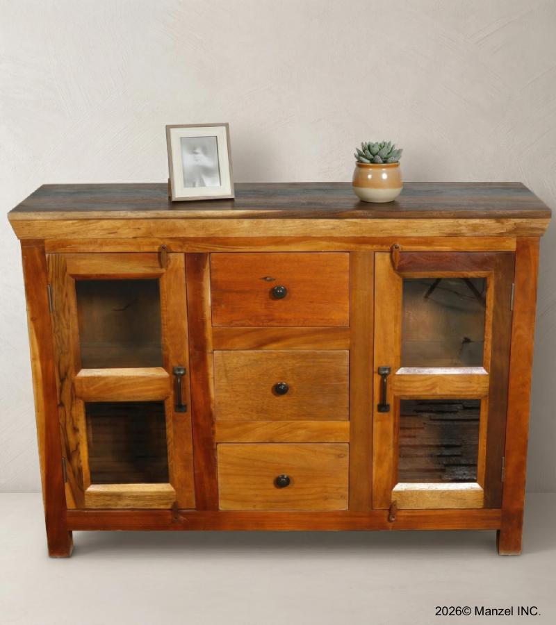 SOLID RECLAIMED TEAK WOOD & GLASS SIDEBOARD CABINET W/ 2 DOORS & 3 DRAWERS