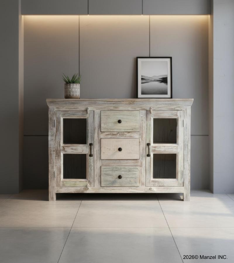 WOODEN 3 DRW GLASS SIDEBOARD