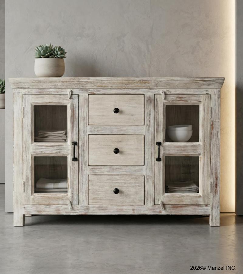 SOLID RECLAIMED TEAK WOOD CABINET SIDEBOARD W/ 3 DRAWERS & 2 DOORS