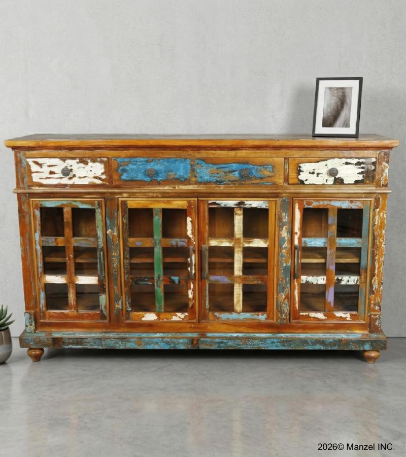 SOLID RECLAIMED TEAK WOOD & GLASS SIDEBOARD CABINET CONSOLE
