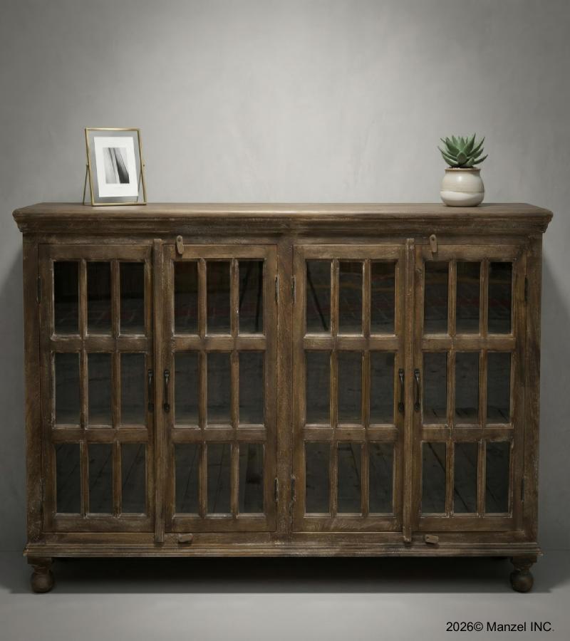 SOLID WOOD & RECTANGULAR GLASS SIDEBOARD