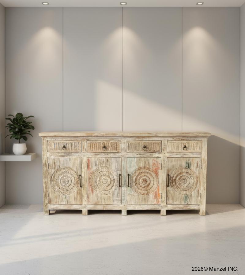 SOLID RECLAIMED HAND CARVED TEAK WOOD SIDEBOARD CABINET W/ 4 DRAWERS & 4 DOORSBOARD CABINET W/ 4 DRAWERS & 4 DOORS