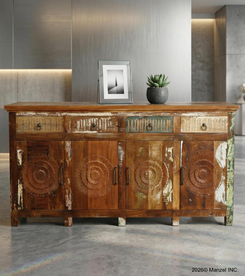 SOLID RECLAIMED HAND CARVED TEAK WOOD SIDEBOARD CABINET W/ 4 DRAWERS & 4 DOORS