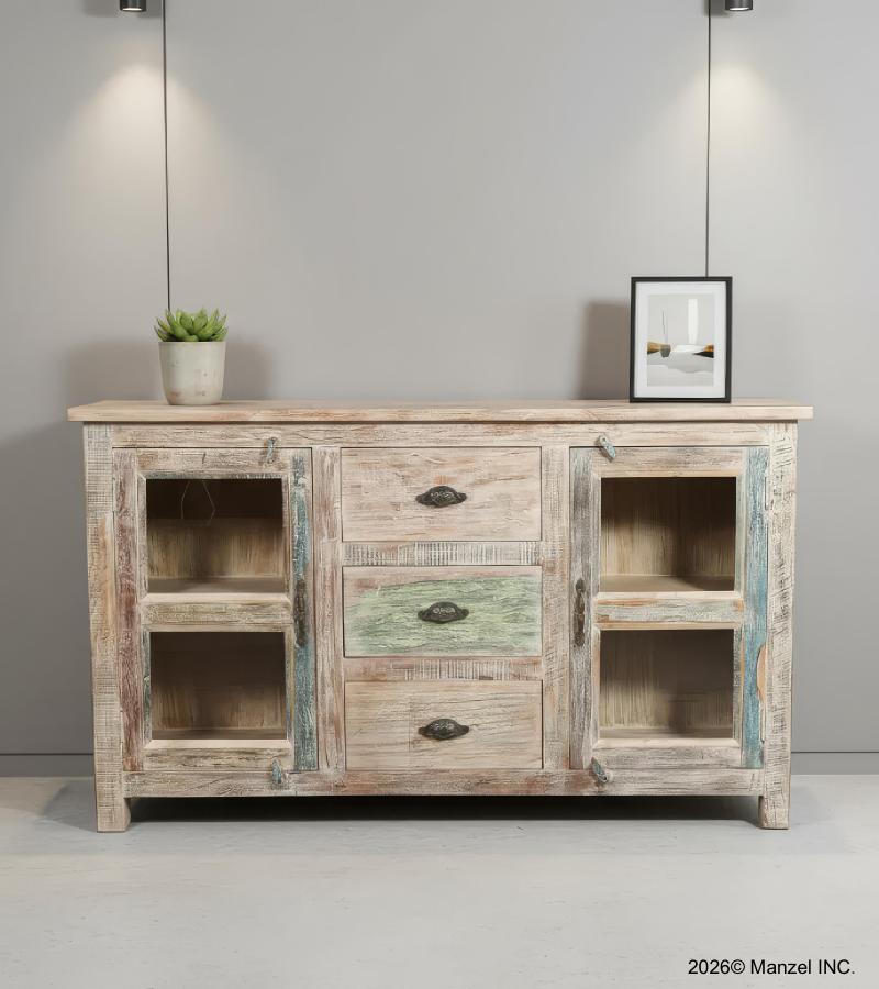 SOLID RECLAIMED TEAK WOOD & GLASS 3 DRAWER & 2 DOOR SIDEBOARD CABINET
