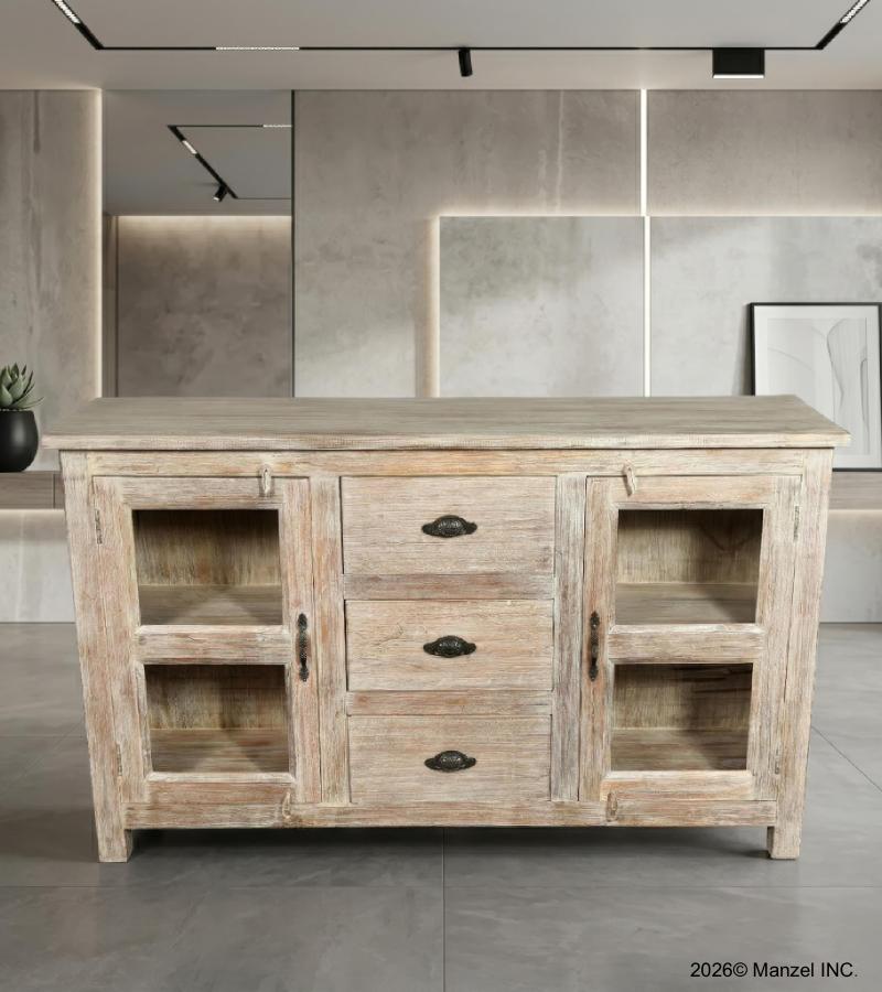 SOLID RECLAIMED TEAK WOOD & GLASS W/ 2 DOORS & 3 DRAWERS