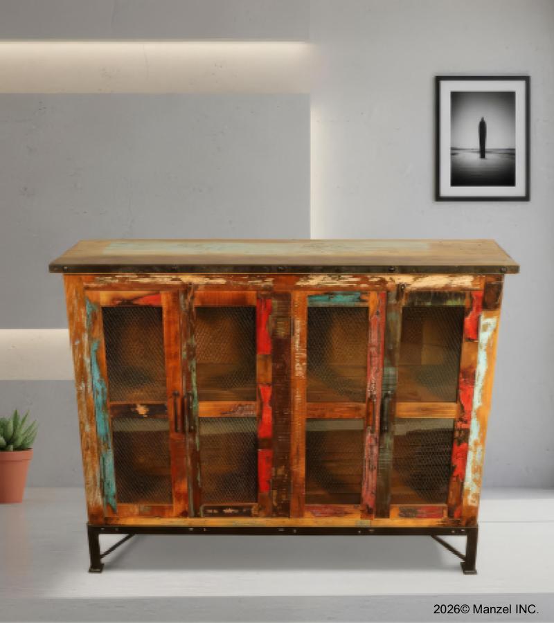 SOLID RECLAIMED TEAK WOOD & GLASS SIDEBOARD & CABINET