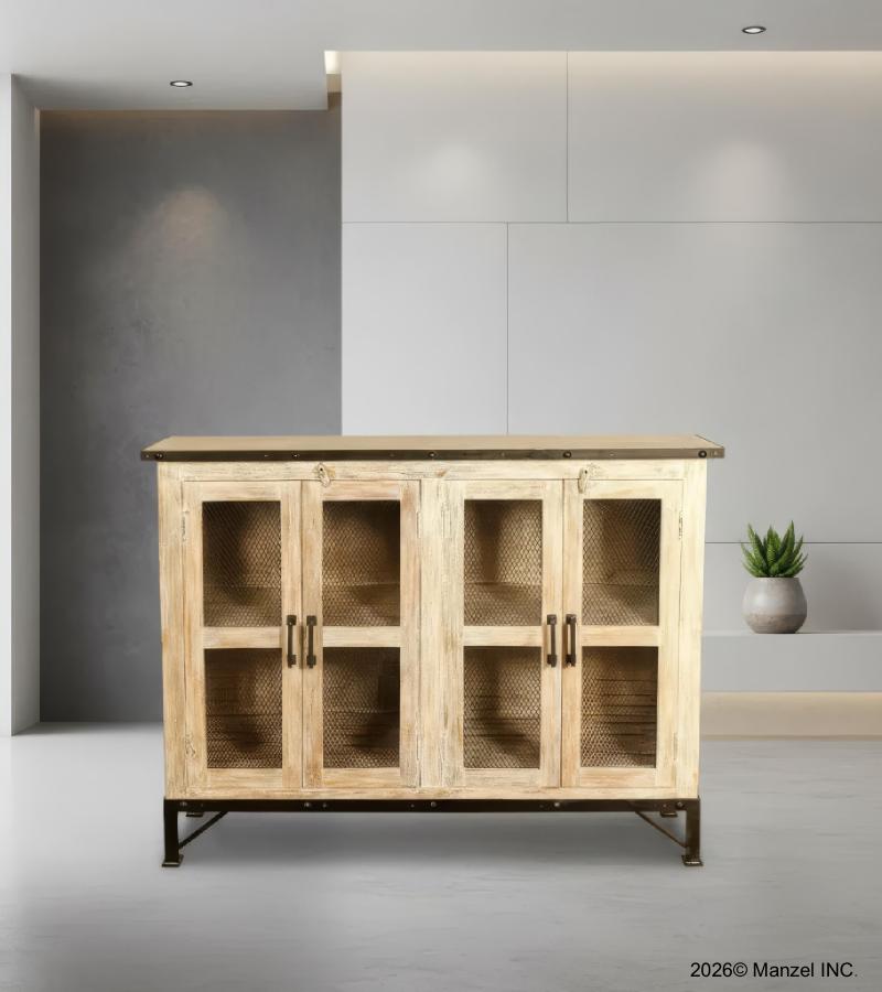 SOLID RECLAIMED TEAK WOOD & GLASS CABINET SIDEBOARD W/ IRON TRIM & BASE