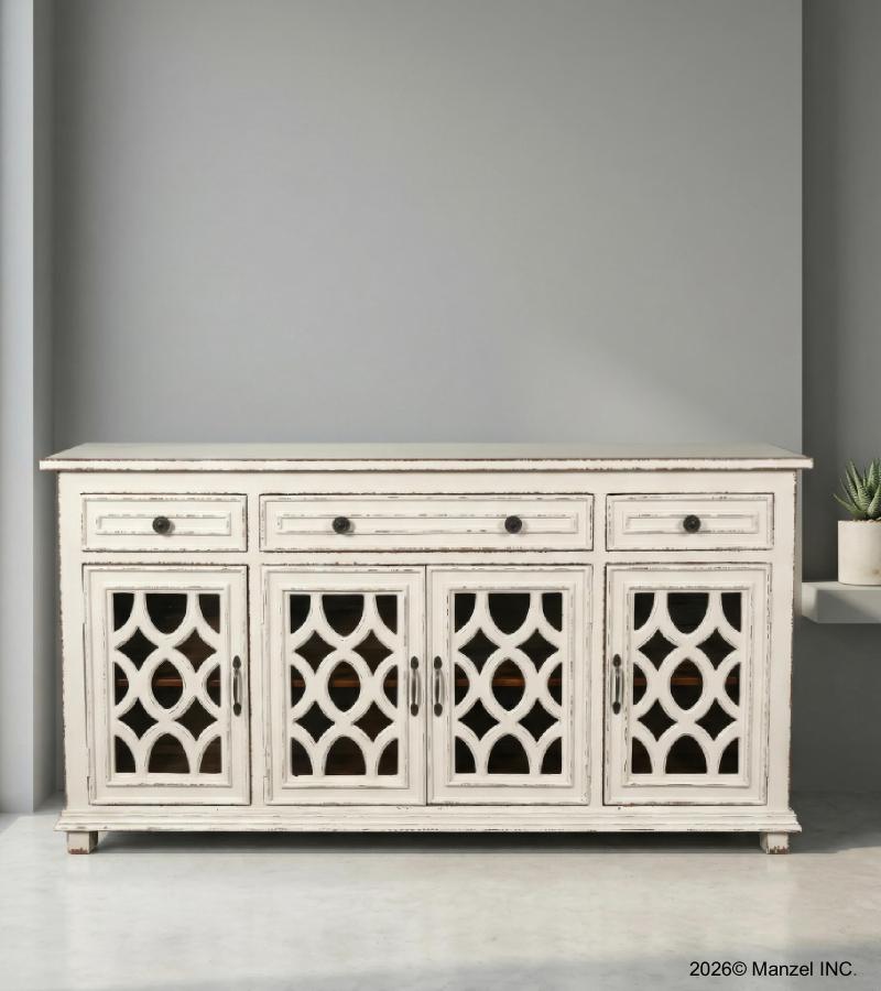 SOLID RECLAIMED TEAK WOOD & GLASS SIDEBOARD CONSOLE W/ 4 DRAWERS & 4 DOORS