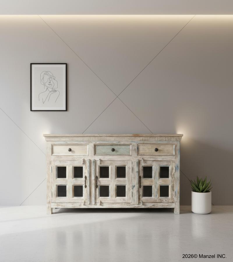 SOLID RECLAIMED TEAK WOOD & GLASS SIDEBOARD CABINET W/ 3 DRAWERS & 3 DOORS