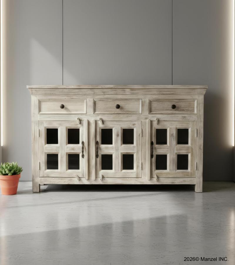 SOLID RECLAIMED TEAK WOOD & GLASS SIDEBOARD CABINET WITH 3 DOORS & 3 DRAWERS