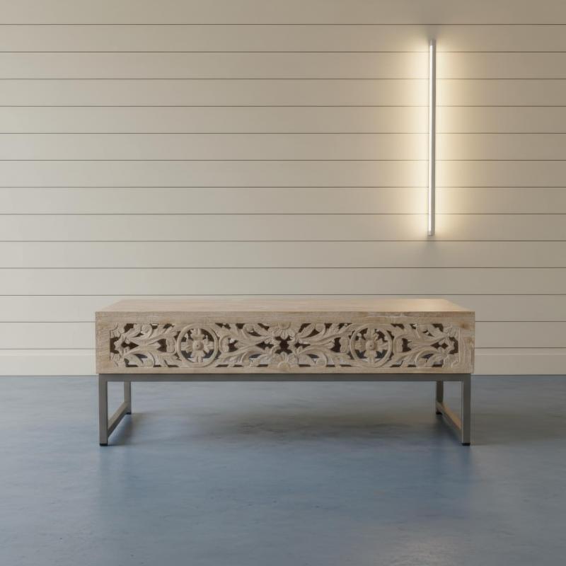 HAND CARVED SOLID WOOD & IRON COFFEE TABLE