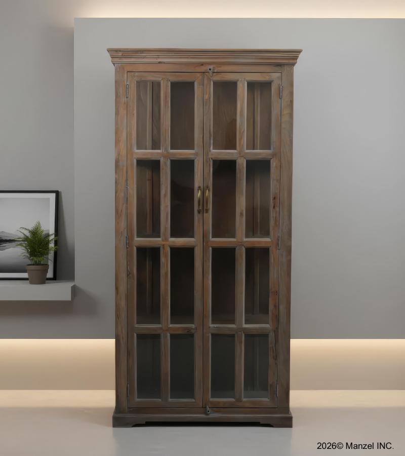 SOLID WOOD & GLASS DISPLAY CABINET W/ 2 DOORS & GLASS SIDES