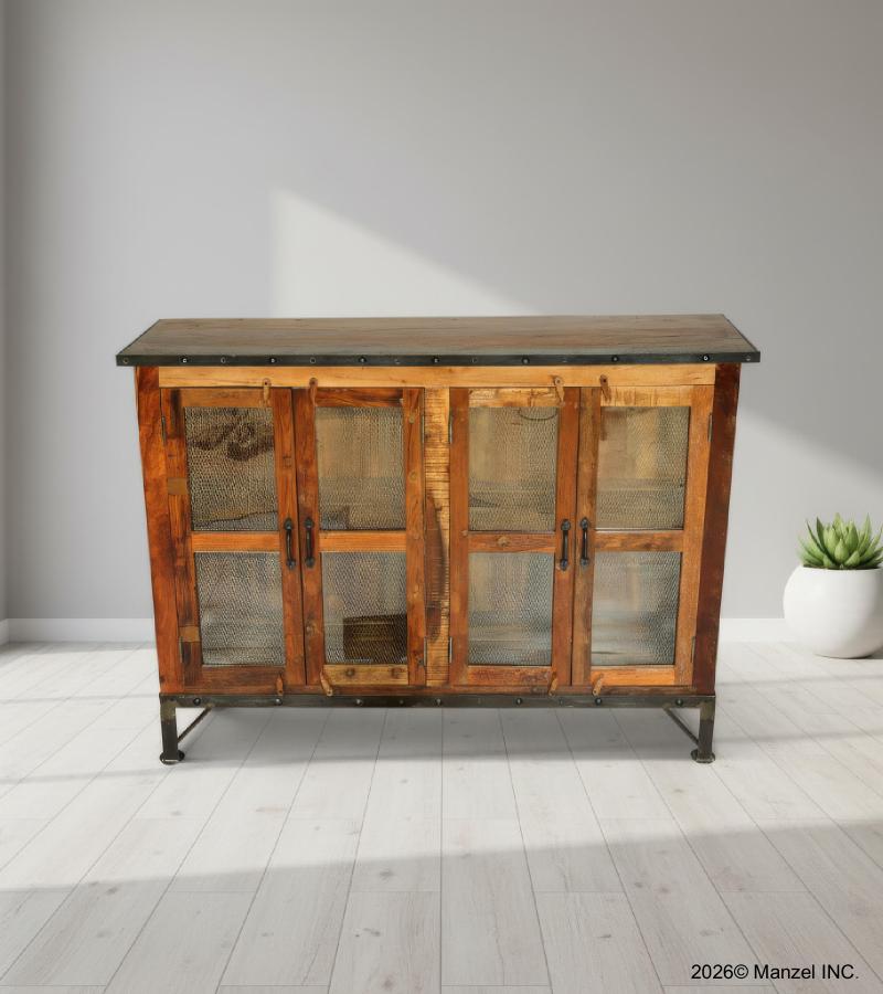 SOLID RECLAIMED TEAK WOOD & GLASS CABINET SIDEBOARD W/ 4 DOORS & METAL TRIM