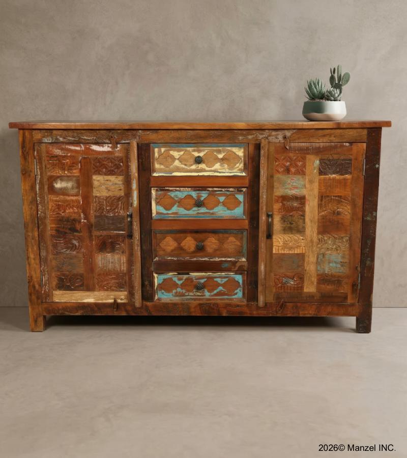 SOLID RECLAIMED TEAK WOOD SIDEBOARD  WITH DRAWERS & DOORS
