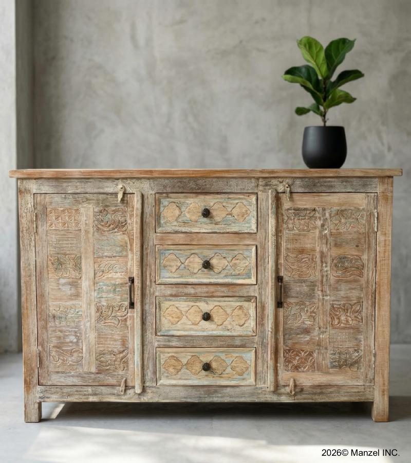 HAND CARVED SOLID RECLAIMED TEAK WOOD SIDEBOARD W/ 2 DOORS & 4 DRAWERS