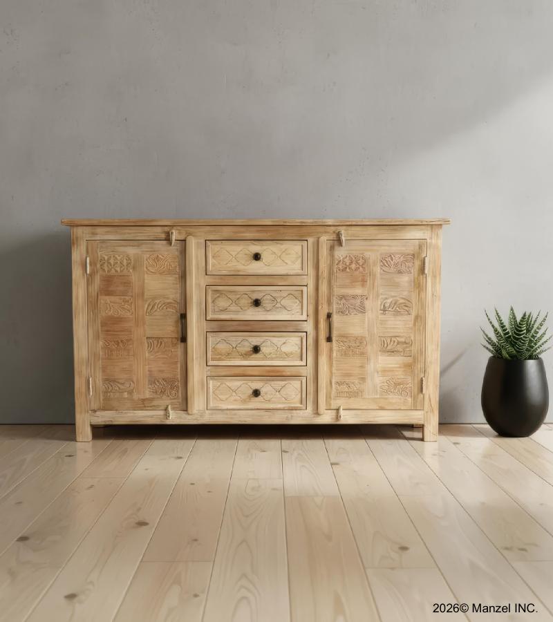 SOLID RECLAIMED TEAK WOOD SIDEBOARD CABINET W/ 4 DRAWERS & 2 DOORS