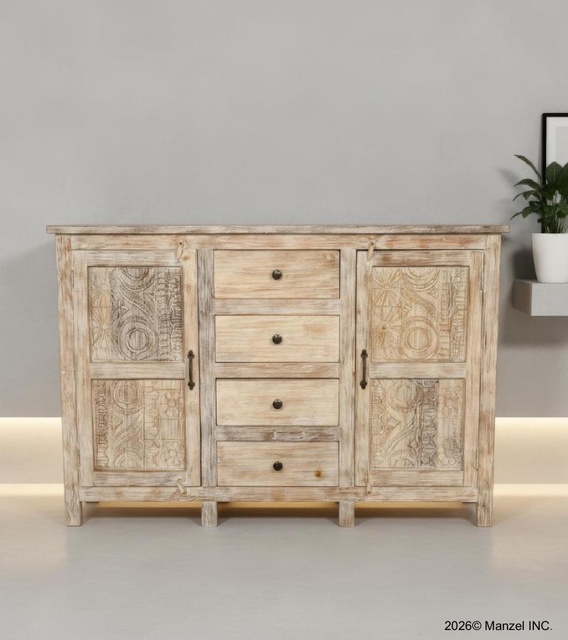  SOLID RECLAIMED CARVED TEAK WOOD W/ 4 DRAWERS & 2 DOORS SIDEBOARD CONSOLE