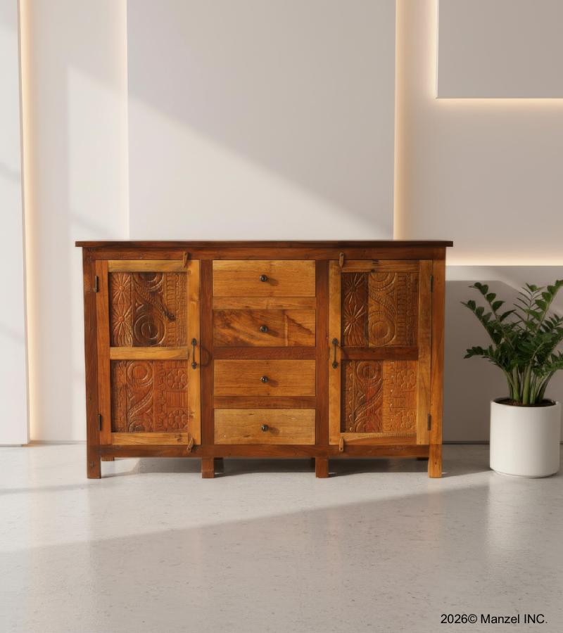  SOLID RECLAIMED CARVED TEAK WOOD W/ 4 DRAWERS & 2 DOORS SIDEBOARD CONSOLE