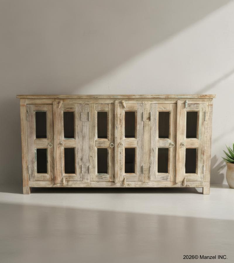 SOLID RECLAIMED TEAK WOOD & GLASS 6 DOOR SIDEBOARD CONSOLE 