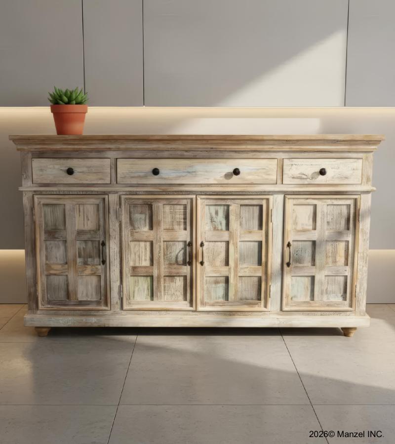 SOLID RECLAIMED TEAK WOOD CABINET SIDEBOARD W/ 3 DRAWERS & 4 DOORS