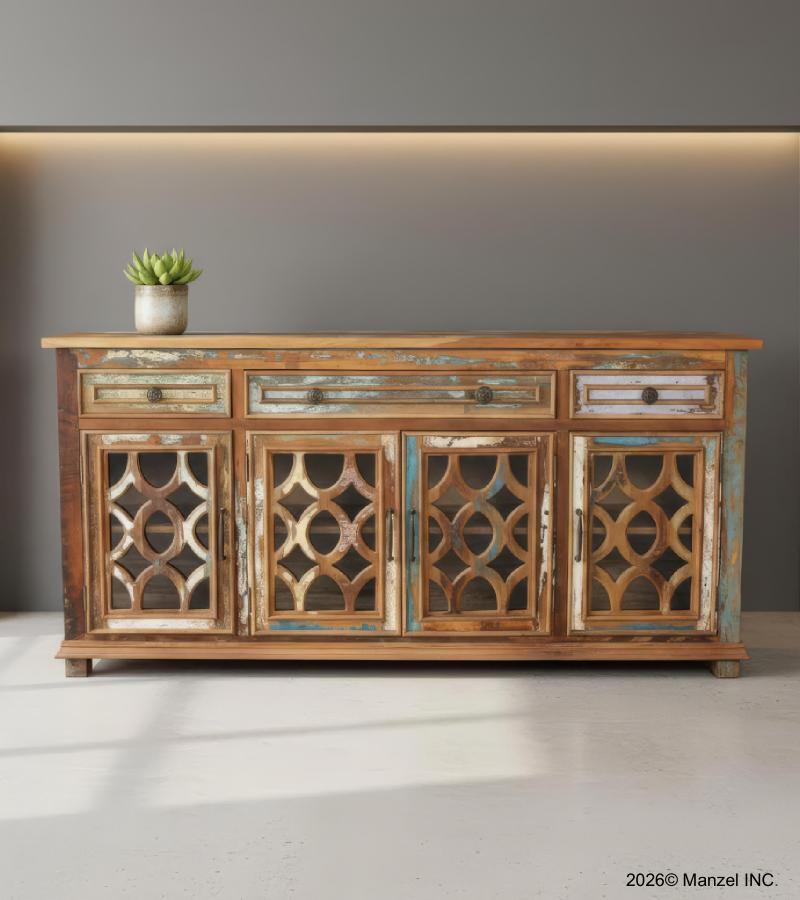 SOLID RECLAIMED TEAK WOOD & GLASS SIDEBOARD