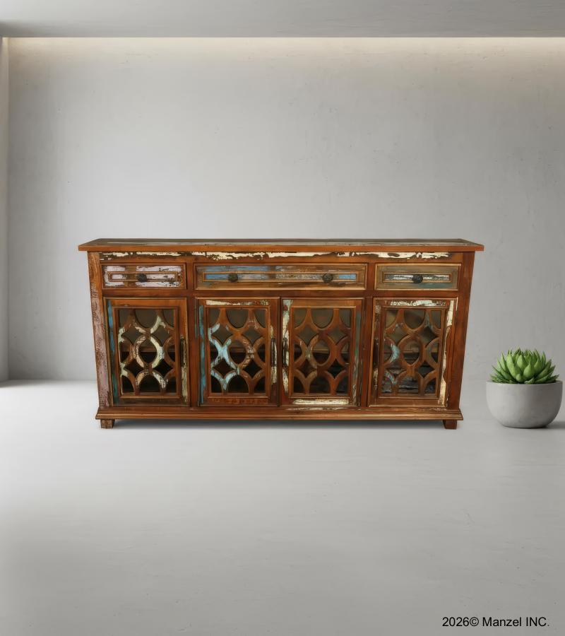 SOLID RECLAIMED TEAK WOOD & GLASS SIDEBOARD CABINET WITH 4 DRAWERS & 4 DOORS