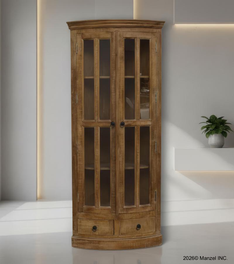 SOLID WOOD & GLASS CORNER CABINET W/ 2 DRAWERS